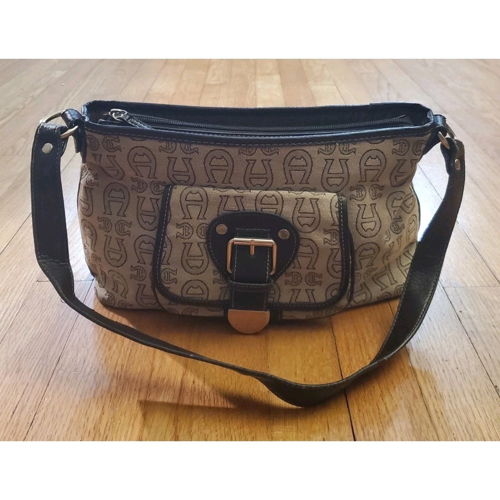 Etienne Aigner Satchel Shoulder Bag Brown Front Pocket Monogram Canvas Fabric